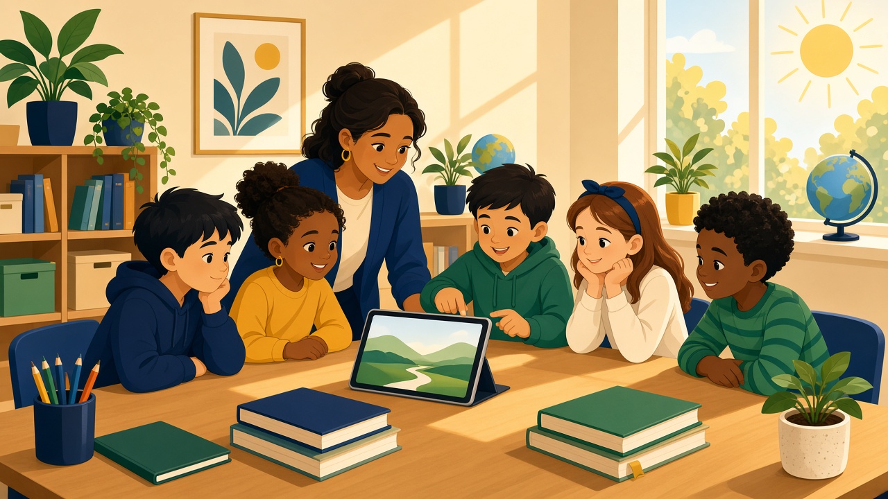 Teacher and elementary students learning together in a sunlit classroom