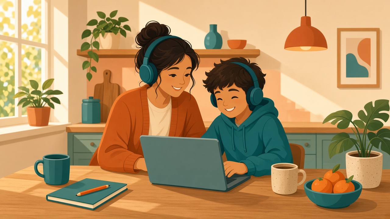 Parent and child learning together at a kitchen table with headphones