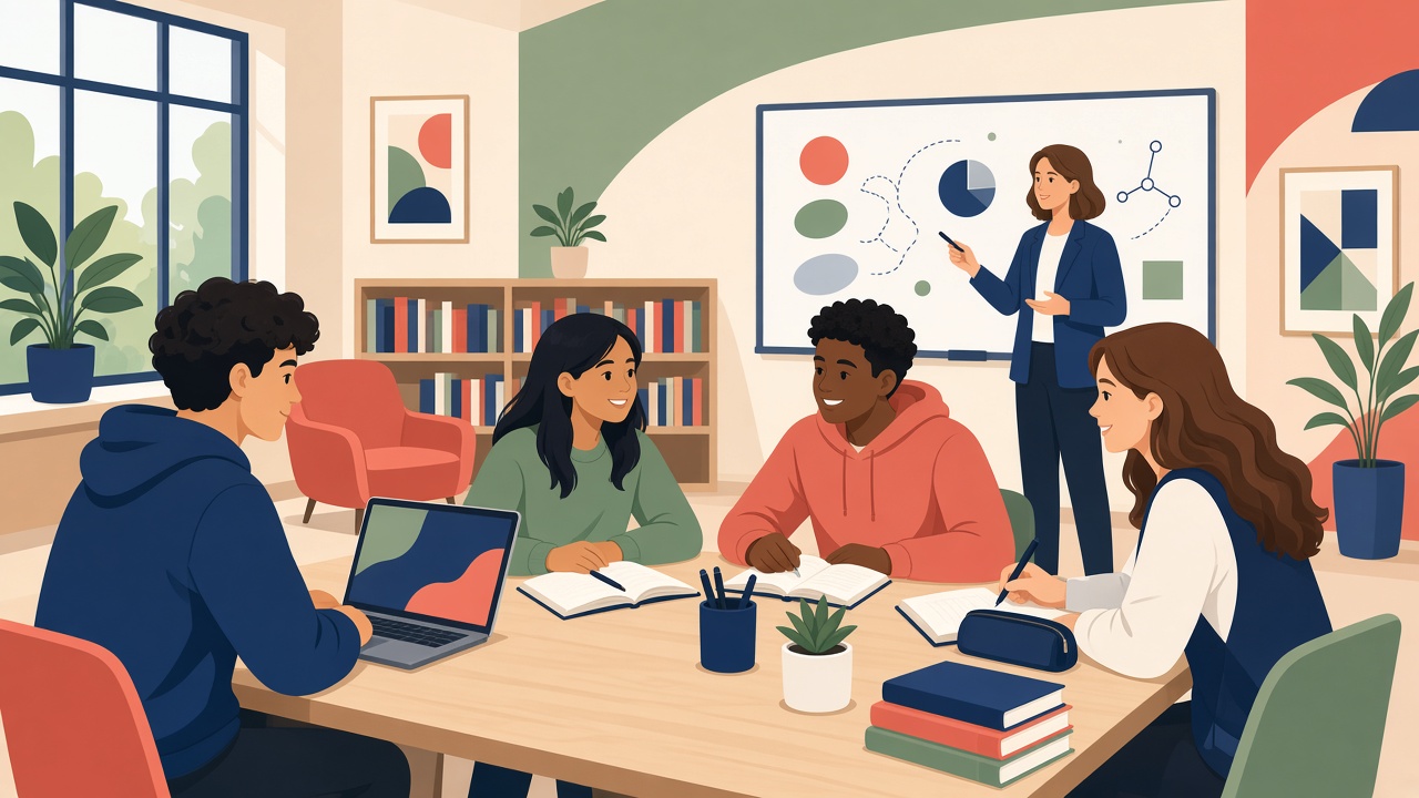 Educators and older students collaborating around a library table