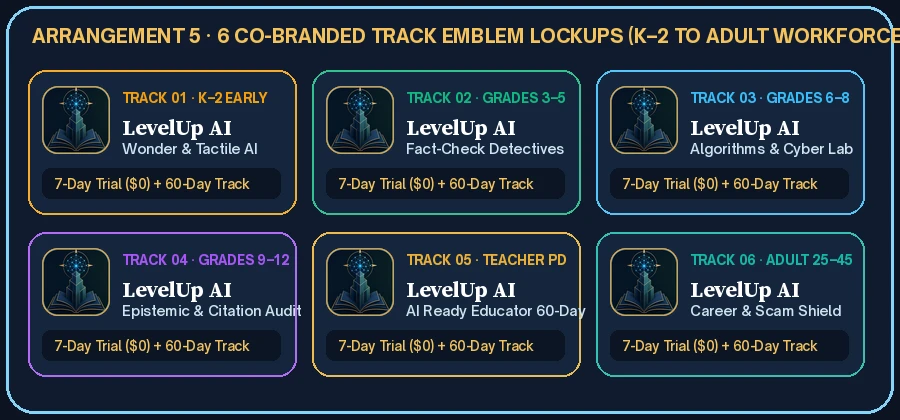 6 Co-Branded Track Lockups: Track 01 K-2 Early, Track 02 Grades 3-5, Track 03 Grades 6-8, Track 04 Grades 9-12, Track 05 Teacher PD, Track 06 Adult 25-45